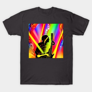 A Guitarist On Stage With Bright Colorful Lights and Musical Notes T-Shirt